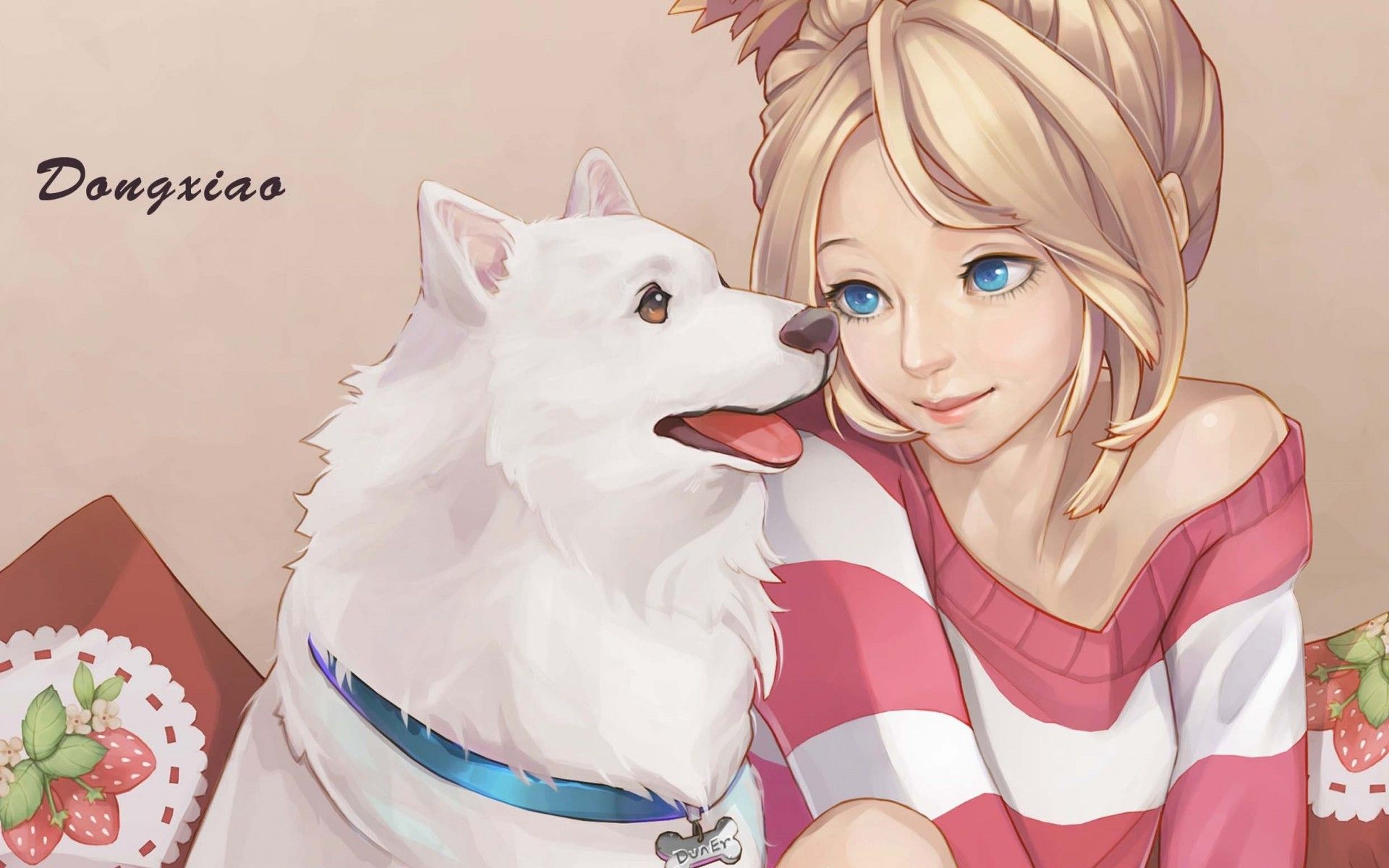 Pet dog with little girl anime painting wallpaper