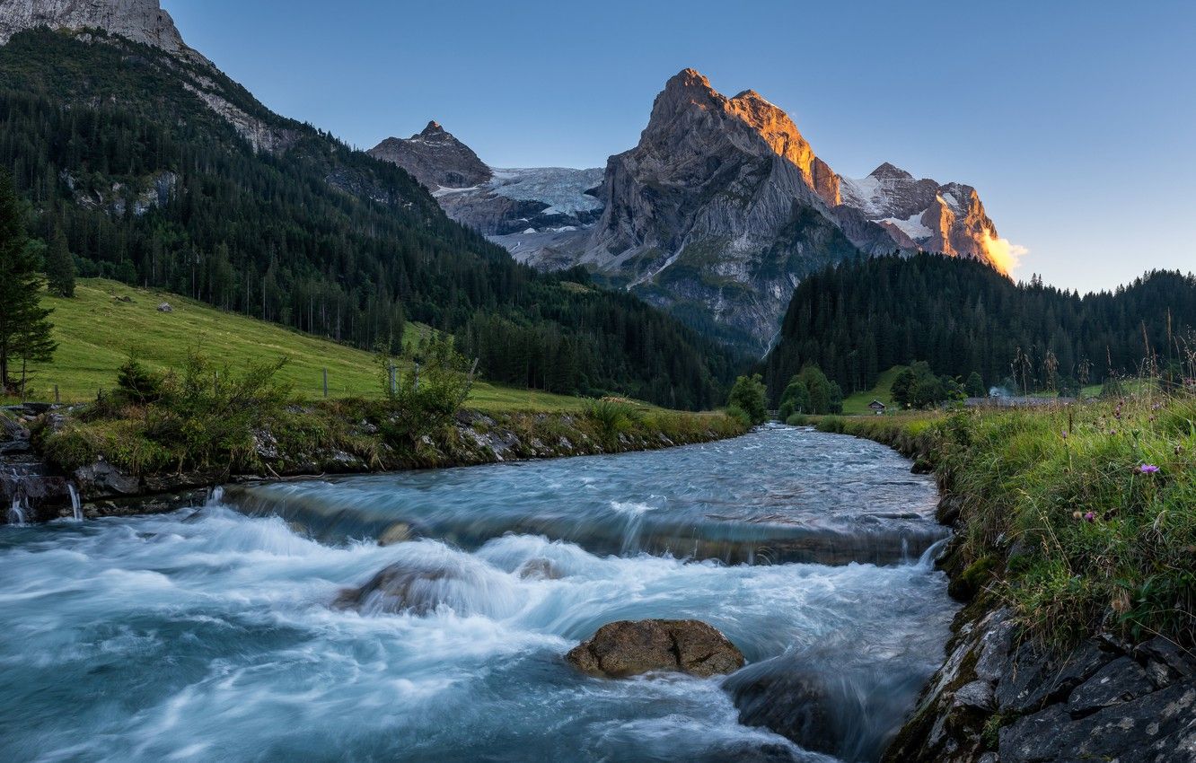 Wallpaper forest, mountains, river, Switzerland, Switzerland, Bernese Alps, The Bernese Alps, Bernese Oberland, Matterhorn Mountain, The Matterhorn, Река Райхенбах, Reichenbach River, Reichenbachtal Valley, Долина Райхенбахталь image for desktop