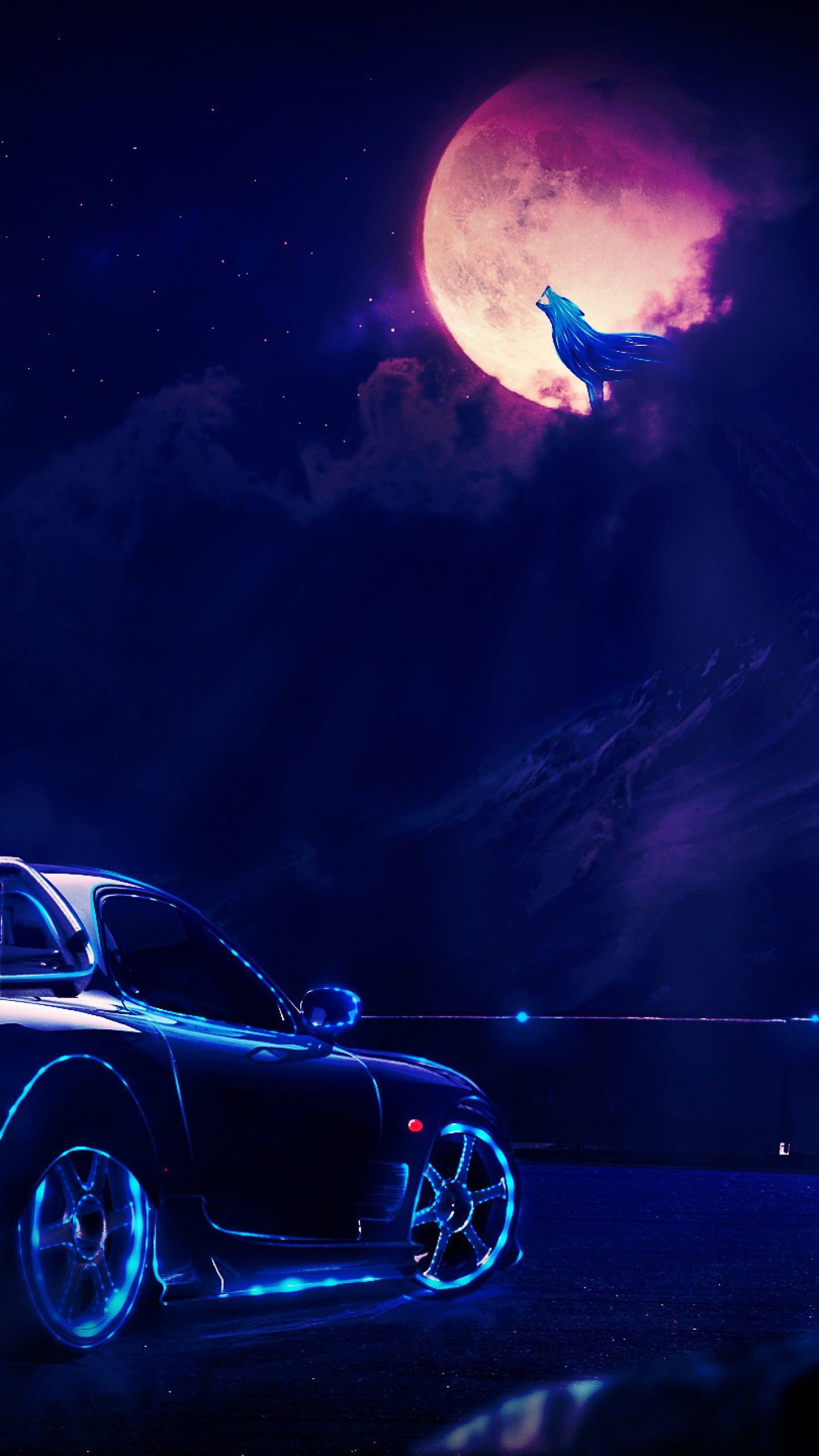 Wallpaper Sports car, Neon, Night, Moon, Wolf, HD, Creative Graphics,. Wallpaper for iPhone, Android, Mobile and Desktop
