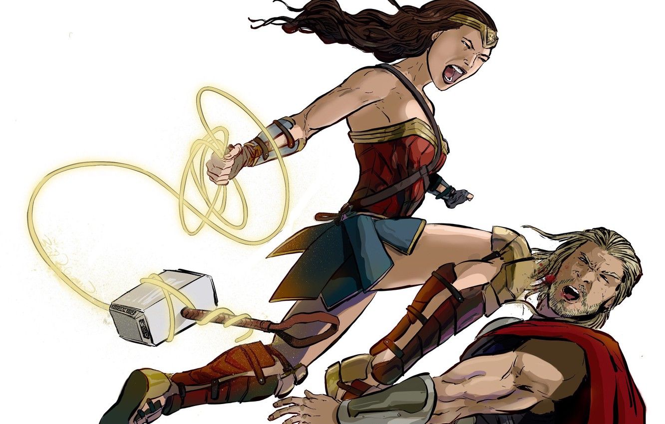 Wallpaper Blood, Heroes, Costume, Fight, Hammer, Heroes, Cloak, Wonder Woman, Superheroes, Blow, Marvel, Thor, Thor, DC Comics, Diana, Diana image for desktop, section фантастика