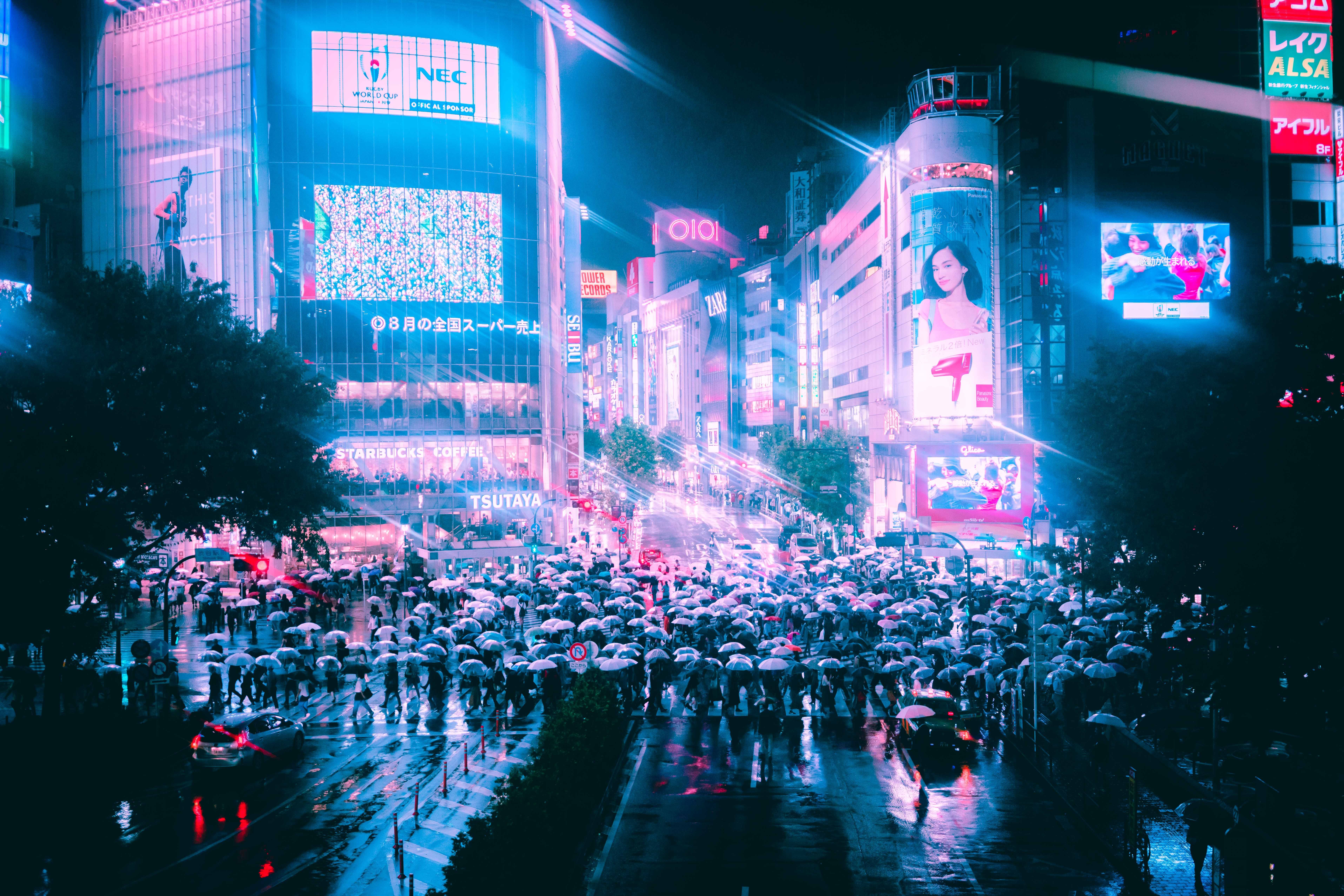 7660x5109 #umbrella, #tokyo, #neon, #crowd, #manga, #cyberpunk, #Creative Commons image, #street, #city, #rain, #bright, #japan, #urban, #weather, #night, #asium, #anime. Mocah HD Wallpaper