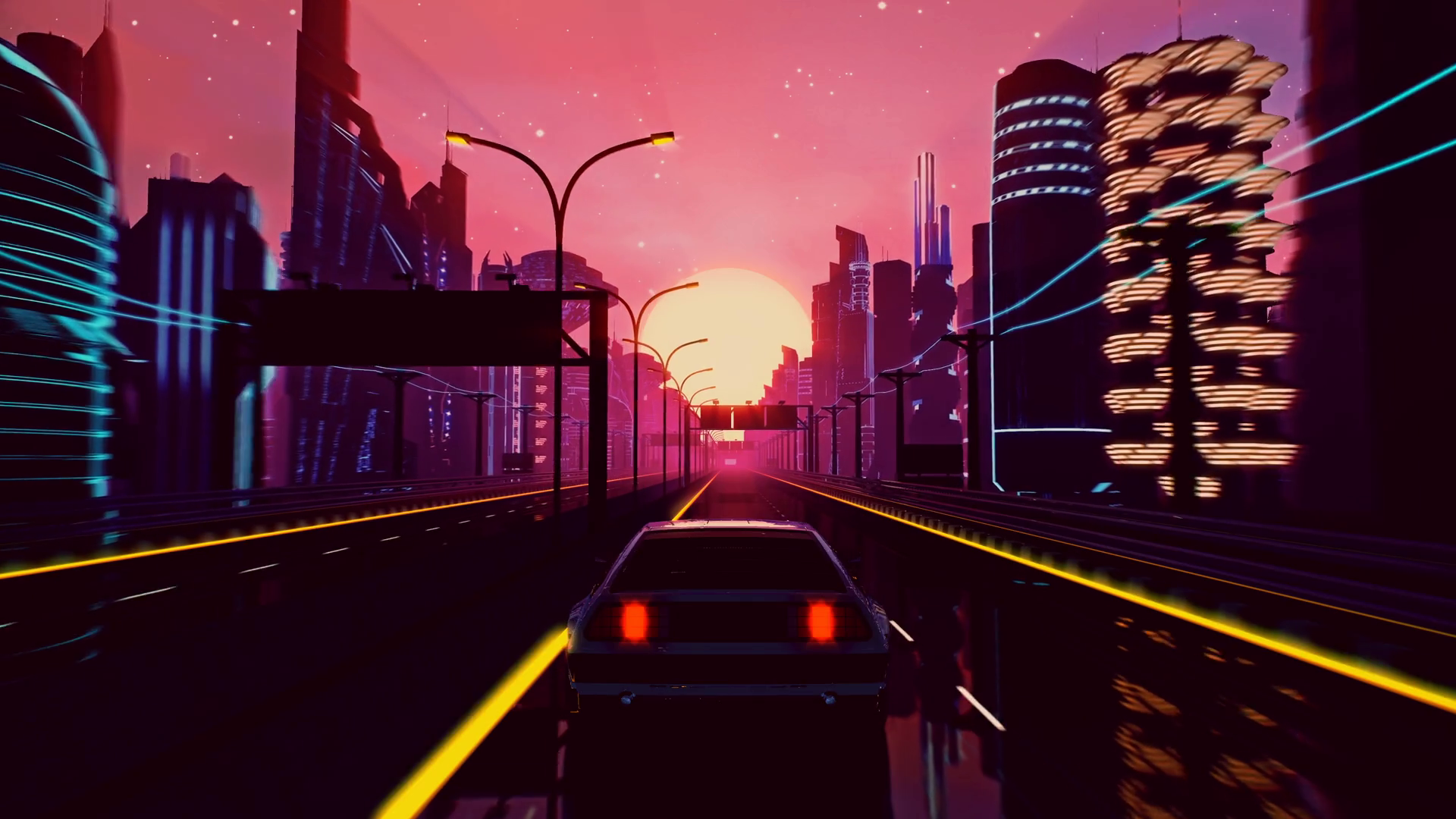Retro Futuristic 80s Style Drive In Neon City. Seamless Loop Of Cyberpunk Sunset Landscape With A Moving Car On A Highway Road. VJ Synthwave Looping 3D Animation For Music Video. 4K Stylized Vintage
