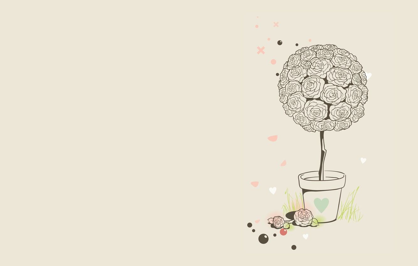 Wallpaper grass, balls, flowers, roses, minimalism, vector, art, pot, flowerbed, serdechki image for desktop, section минимализм
