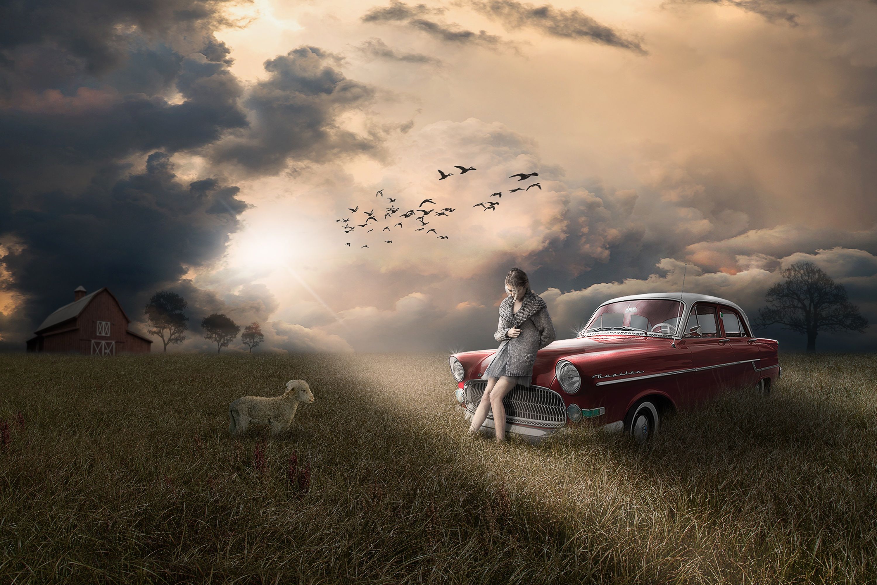 Wallpaper Woman, Alone, Vintage car, Lamb, Sun light, Sunset, Fantasy / Editor's Picks,. Wallpaper for iPhone, Android, Mobile and Desktop