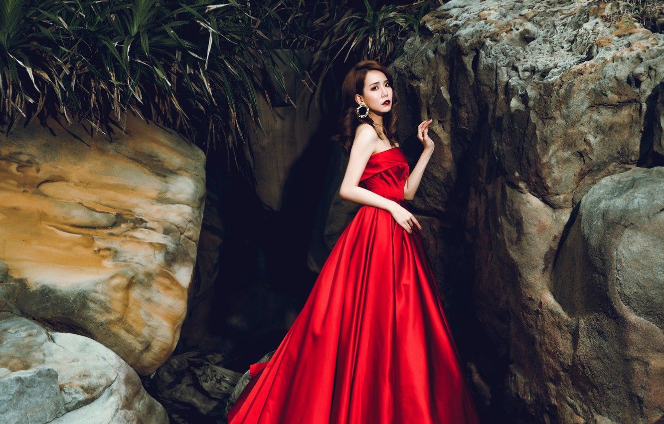 Wallpaper sadness, leaves, girl, pose, stones, mood, rocks, sadness, plants, hands, brown hair, Asian, red dress, curls, blocks, long image for desktop, section настроения