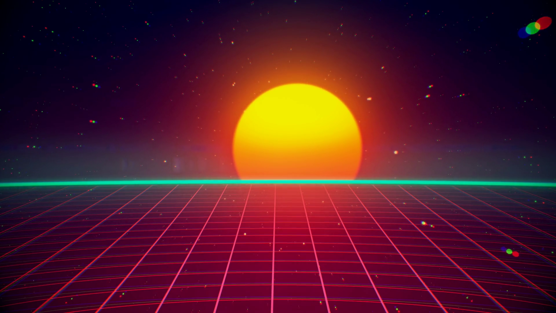 Retro Futuristic 80s VHS Tape Video Game Intro Landscape. Flight Over The Neon Red Laser Beam Glowing Grid With Sunrise And Stars. Arcade Vintage Stylized Sci Fi VJ Motion 3D Animation In 4K