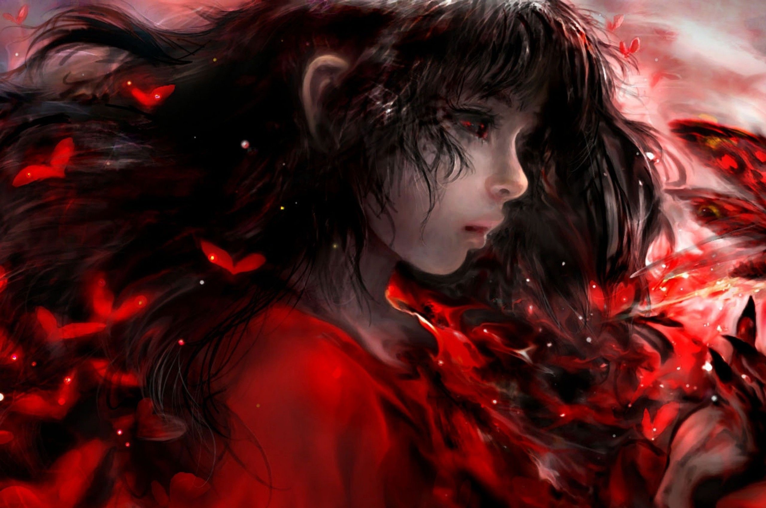 Download 2560x1700 Demon Girl, Red Eyes, Red Butterflies, Black Hair, Profile View Wallpaper for Chromebook Pixel