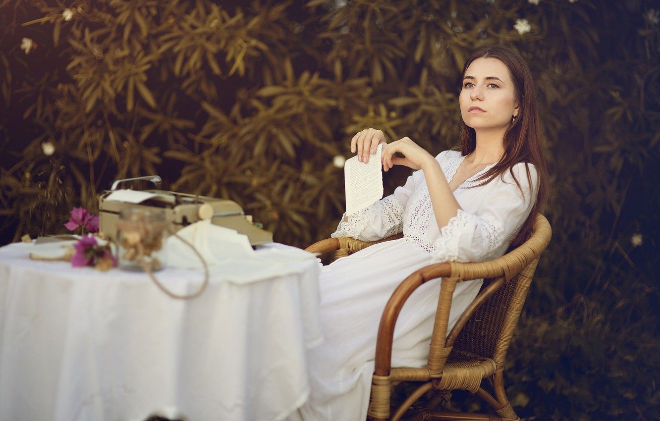 Wallpaper look, leaves, girl, nature, pose, sheet, the dark background, table, mood, chair, hands, garden, typewriter, brown hair, sitting, white dress image for desktop, section настроения