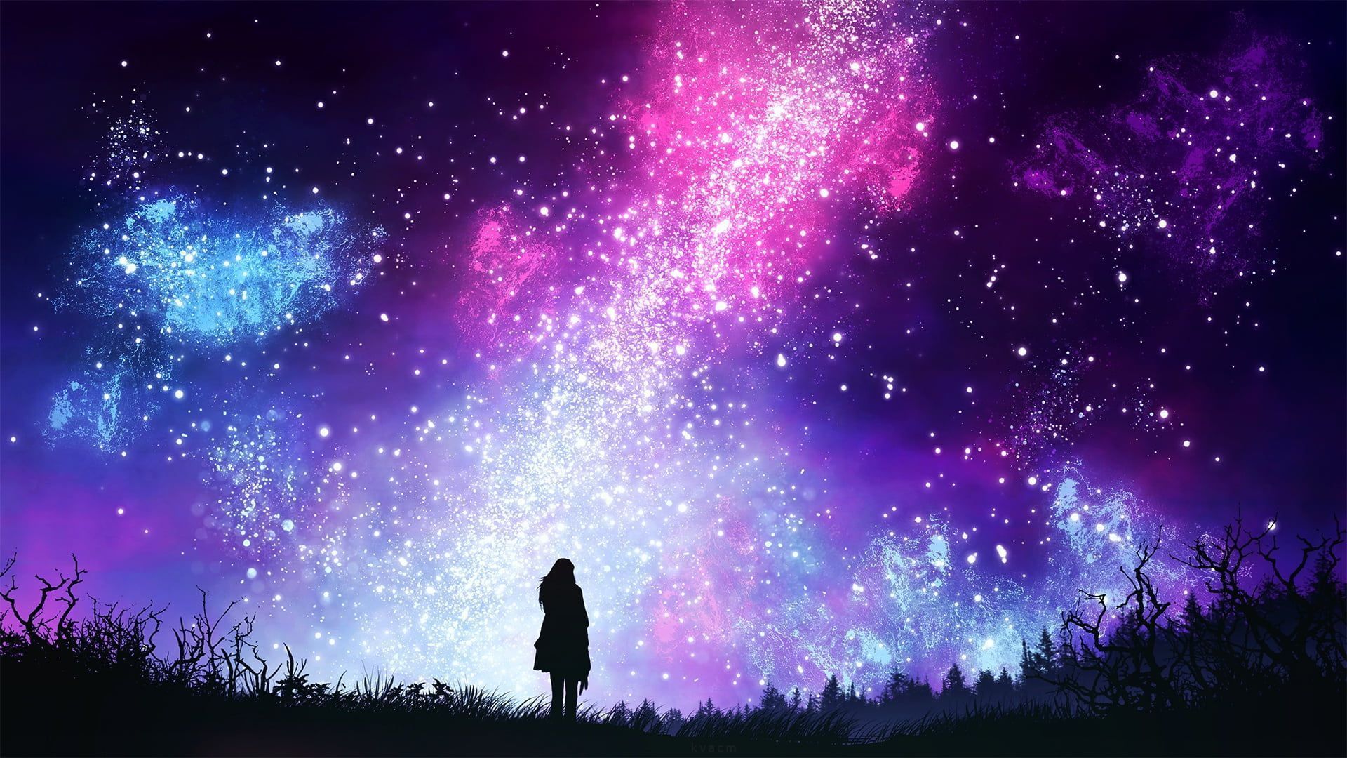 pink, purple, and blue galaxy stars the sky #girl #space #night by kvacm P. Suggestions. Night sky wallpaper, Galaxy painting, Silhouette art