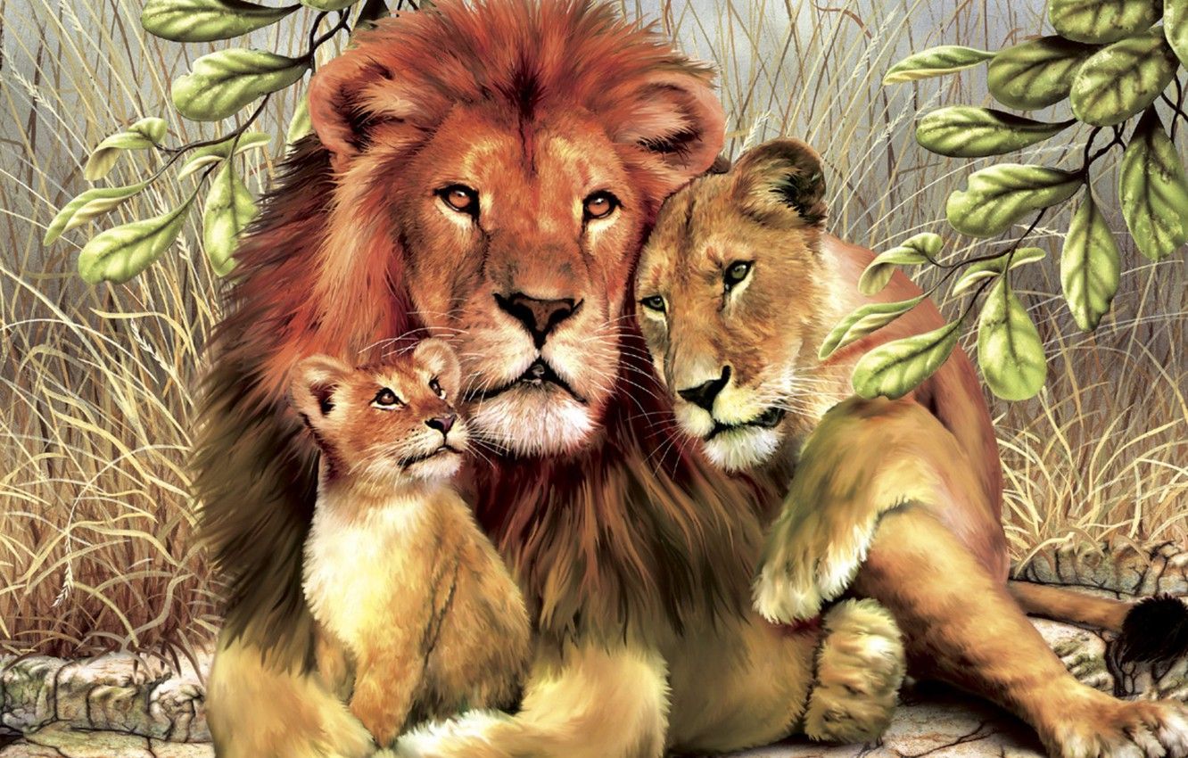 Wallpaper leaves, Lions, family image for desktop, section живопись