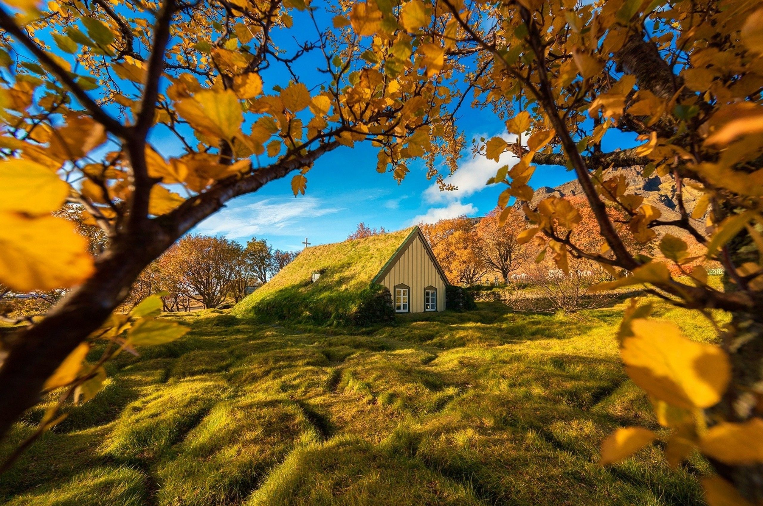 Download 2560x1700 Iceland, Church, Autumn, Fall, Leaves, Field Wallpaper for Chromebook Pixel