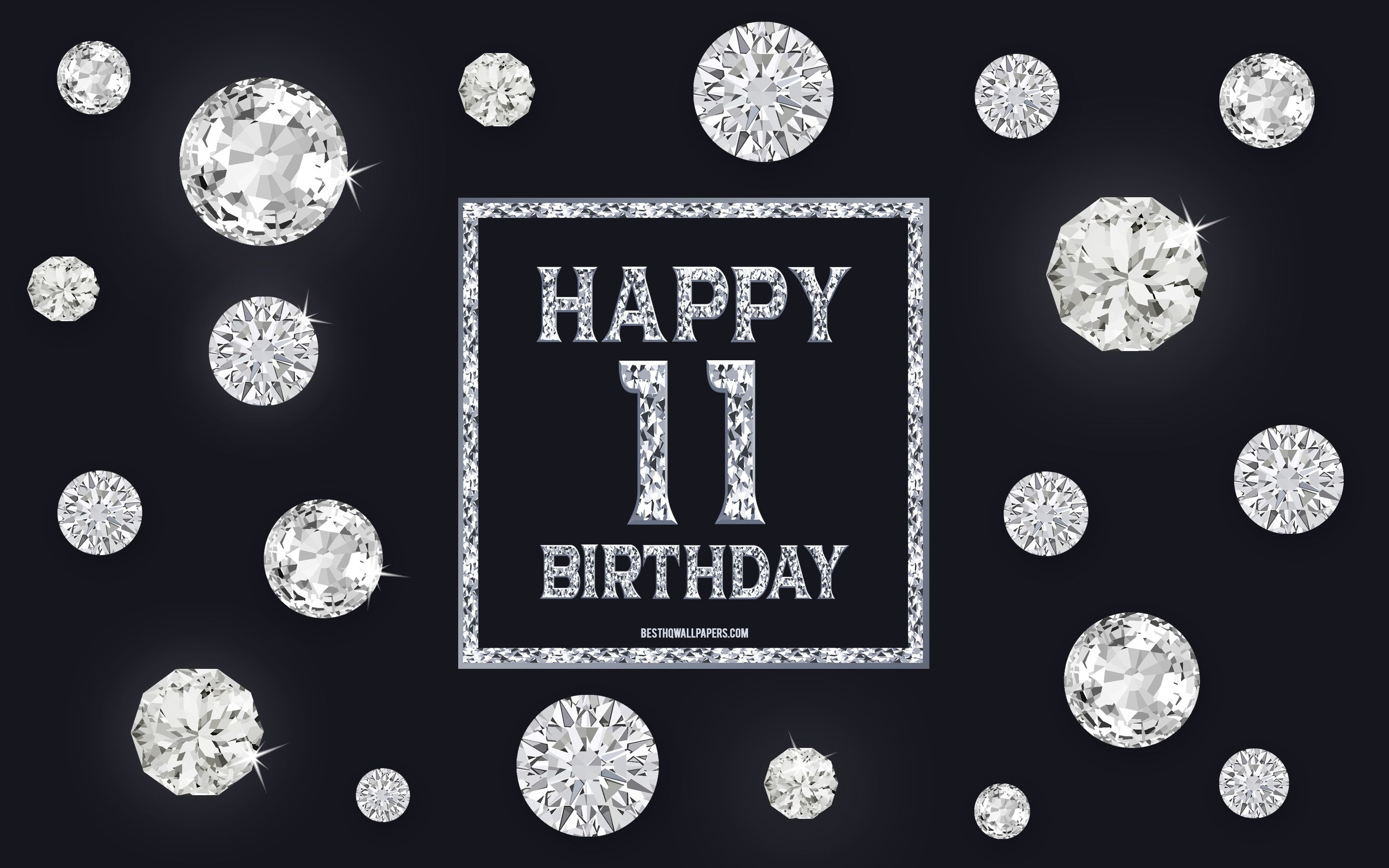 Download wallpaper 11th Happy Birthday, diamonds, gray background, Birthday background with gems, 11 Years Birthday, Happy 11th Birthday, creative art, Happy Birthday background for desktop with resolution 2880x1800. High Quality HD picture