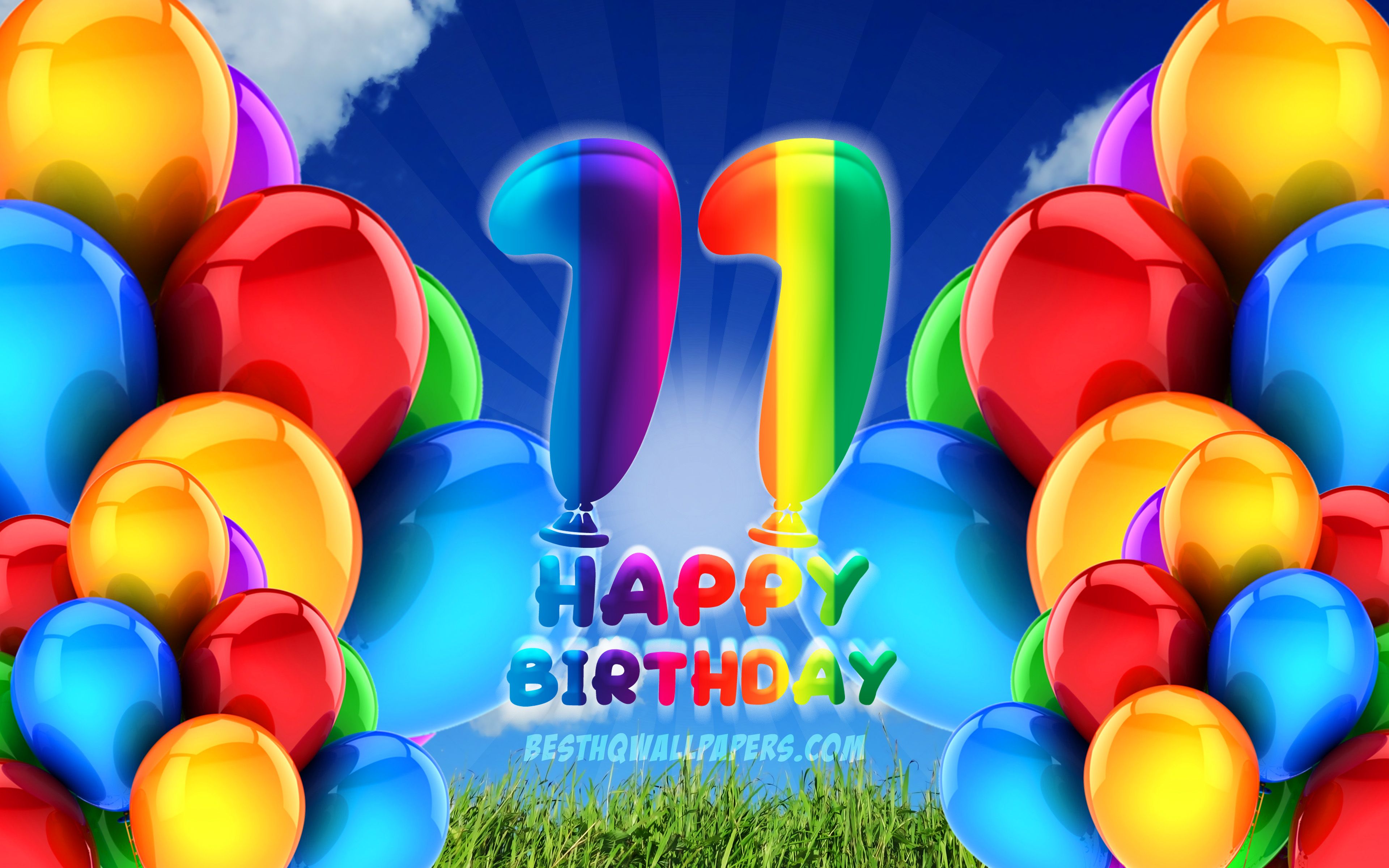 Download wallpaper 4k, Happy 11 Years Birthday, cloudy sky background, Birthday Party, colorful ballons, Happy 11th birthday, artwork, 11th Birthday, Birthday concept, 11th Birthday Party for desktop with resolution 3840x2400. High Quality