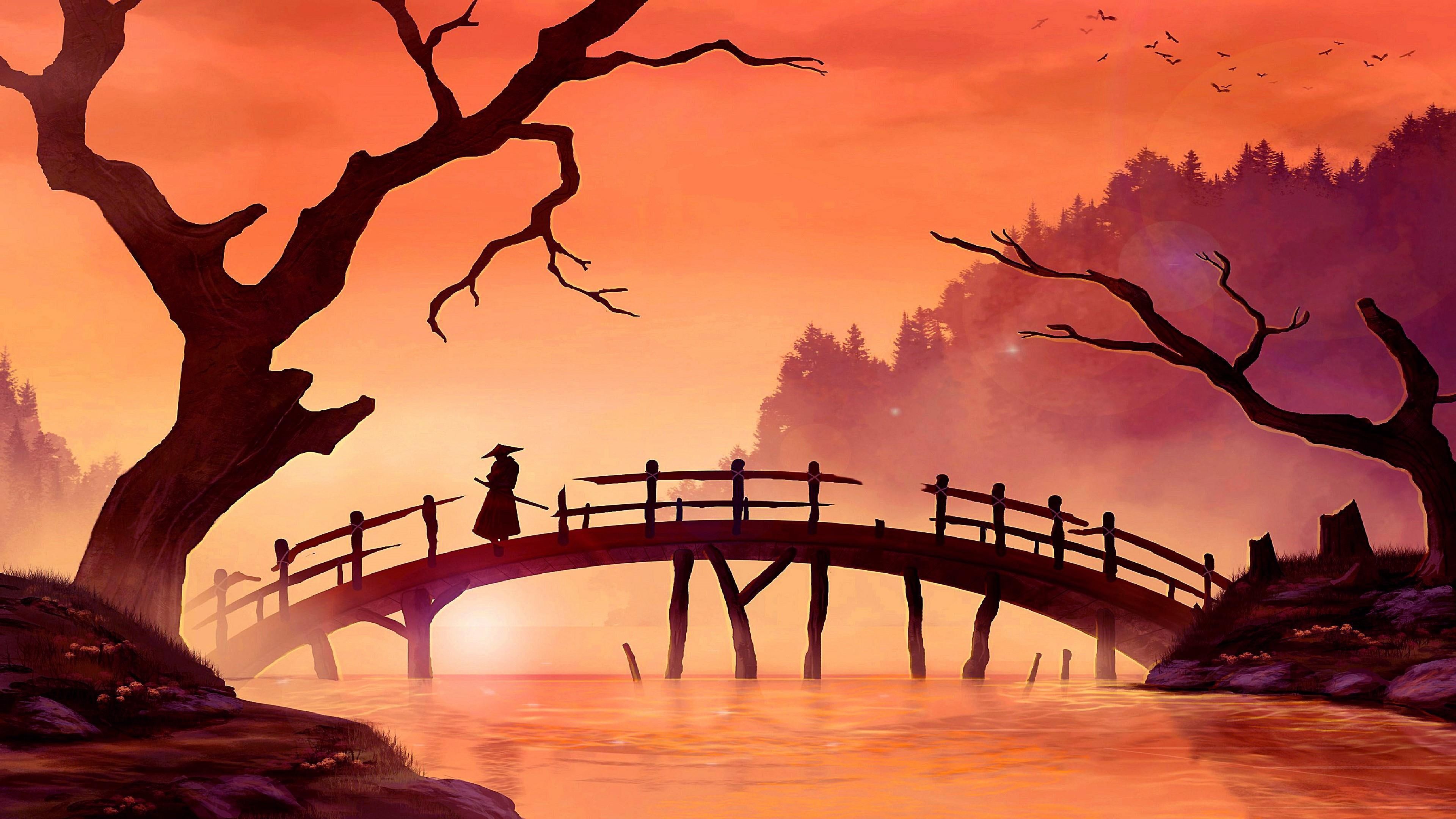 Samurai, bridge, painting art, sunset, river, landscape, branch. Forest painting, Nature art, Japanese landscape
