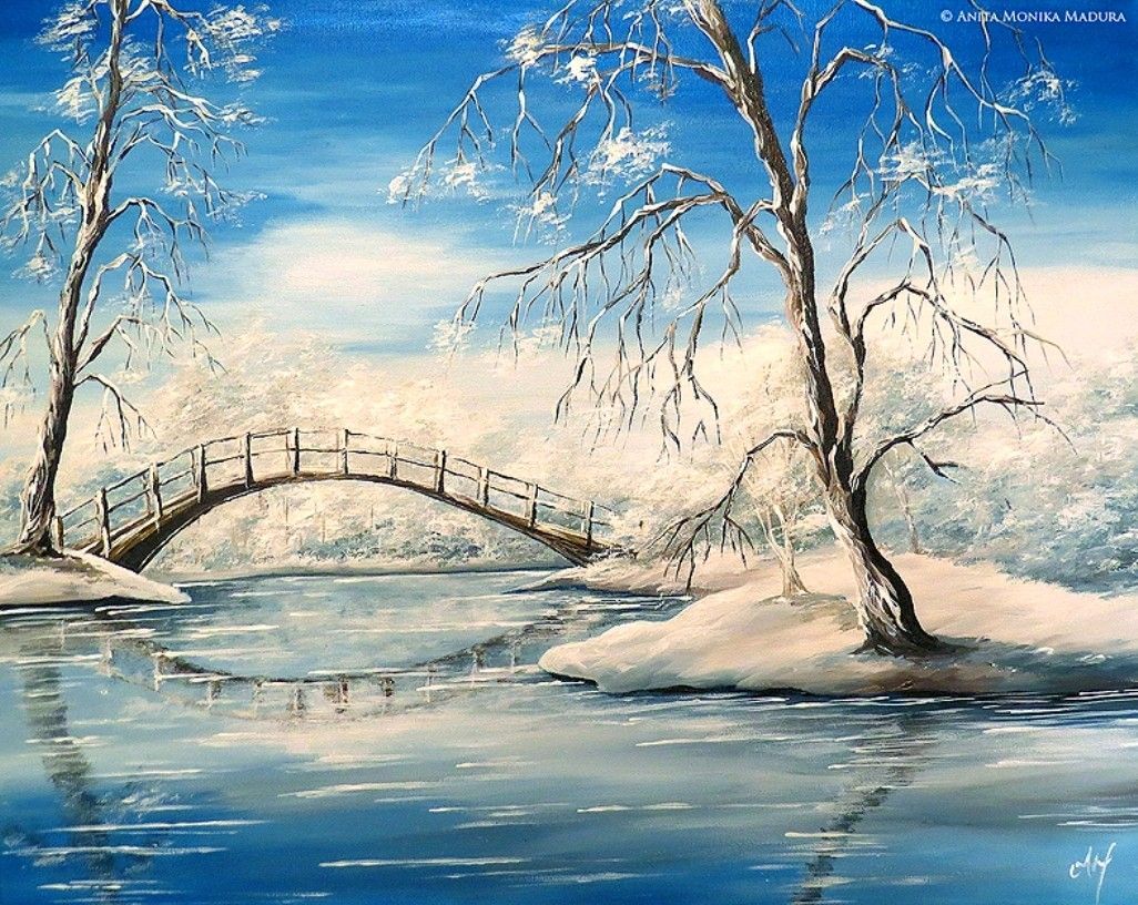 Lake Painting Snow Bridge Blue Winter HD Wallpaper iPad. Painting snow, Lake painting, Bridge painting