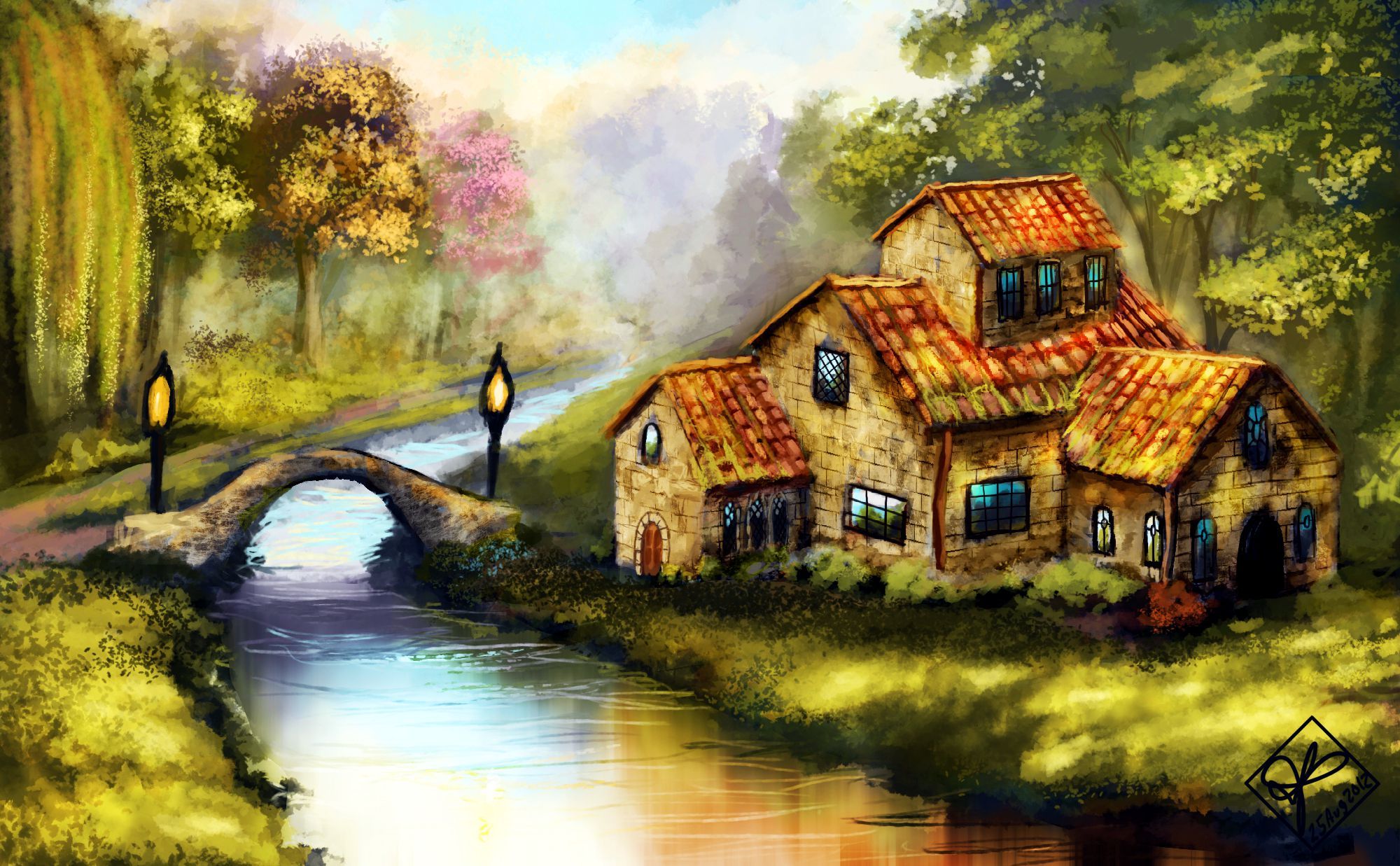 lamps, trees, landscape, water, painting, bridge wallpaper