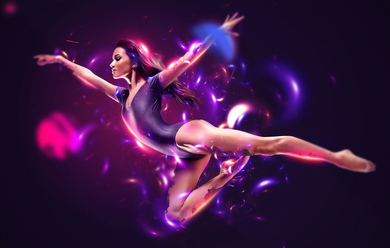 Wallpaper lights, abstract, white, black, flying, woman, blue, pink, model, purple, dancing, athlete, begie image for desktop, section девушки
