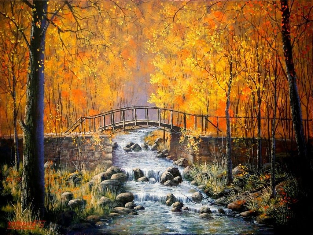 Painting Bridge Autumn Forest River Art Color Water Lovely Beautiful Colorful Scenery Wallpaper. Autumn painting, Scenery wallpaper, Picture to paint