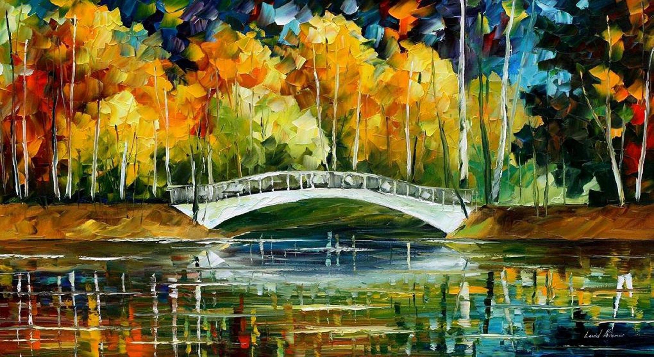 Painting Bridge Colorful Leonid Afremov Wallpaper:2200x1200