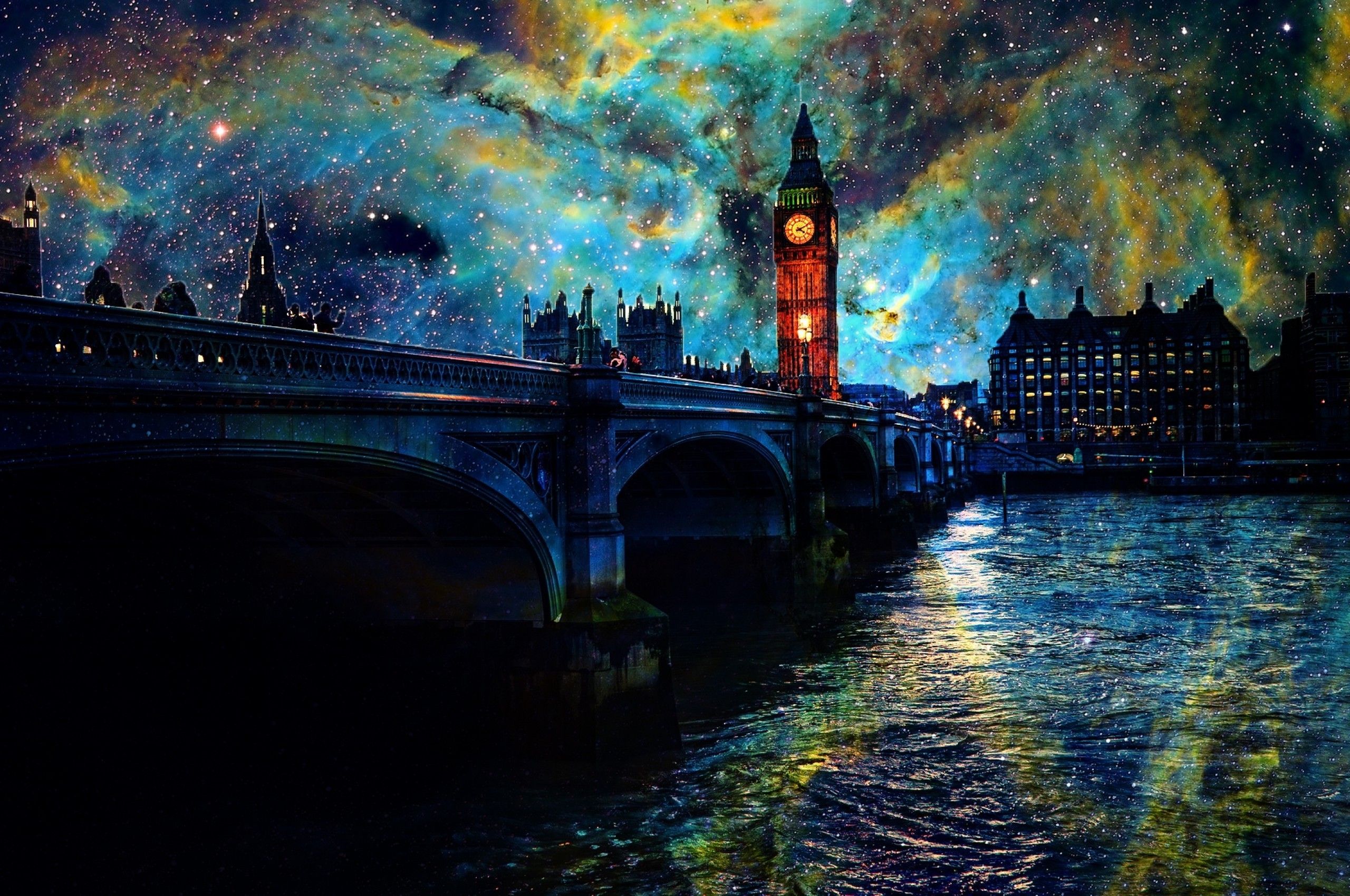 Download 2560x1700 Big Ben, London, United Kingdom, Bridge, Painting, Artwork Wallpaper for Chromebook Pixel