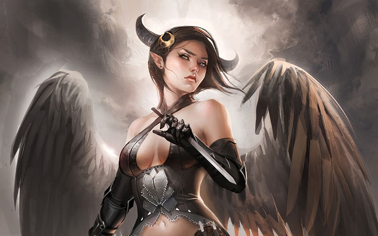 Photos Demons Wings Horns female Fantasy Angels Supernatural beings.
