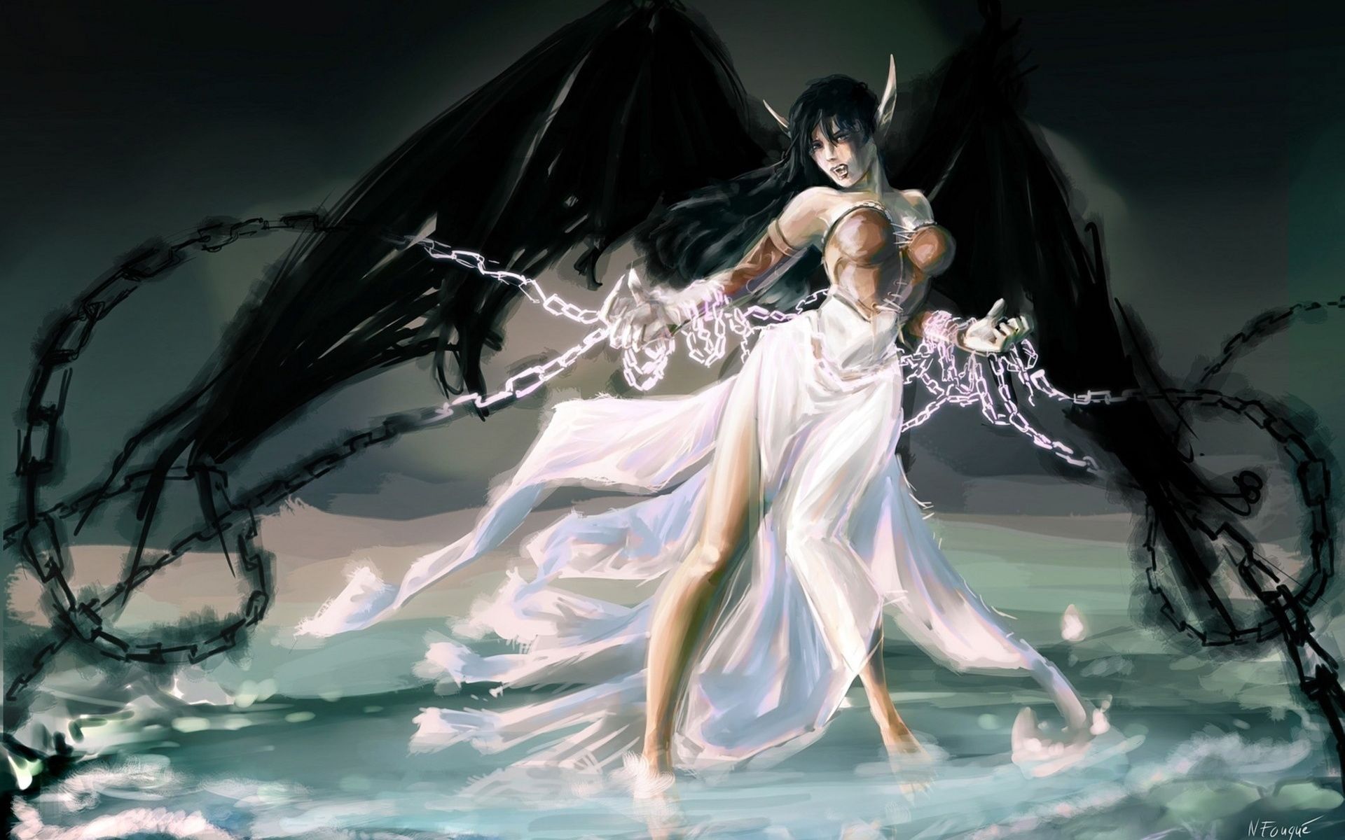 League of legends fantasy games video women female girl sensual art chains dark wings angels fallen elf demon wallpaperx1200