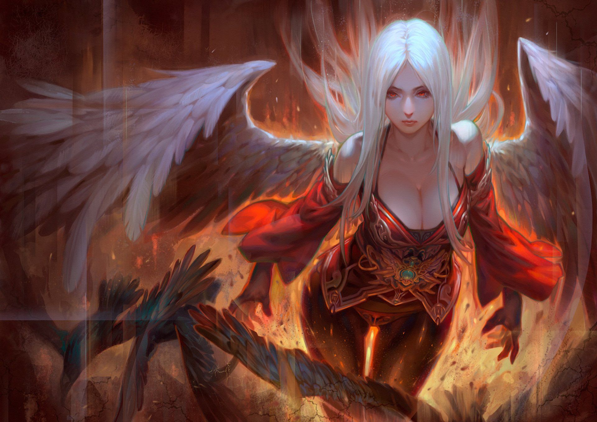 Angel Fire Wings Fantasy Girls dark demon original h wallpaperx1359