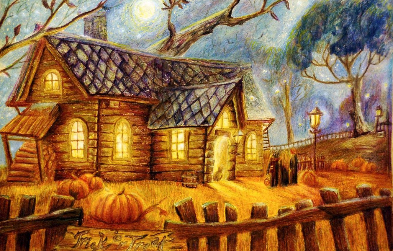 Wallpaper trees, house, people, the moon, the fence, lights, pumpkin, Halloween, halloween image for desktop, section живопись