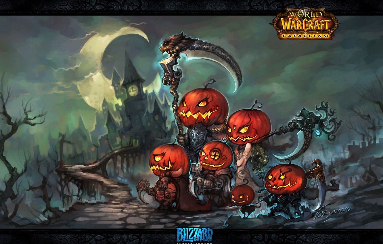 Wallpaper weapons, art, elves, pumpkin, Halloween, Halloween, WoW, World of Warcraft, Cataclysm, swords, art, game wallpaper, pumpkins image for desktop, section игры