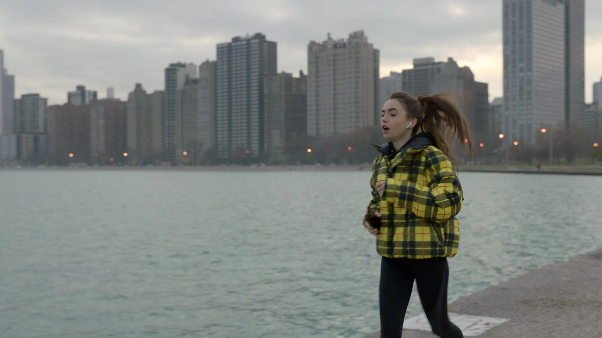 Nike Puffer Jacket Outfit of Lily Collins in Emily in Paris