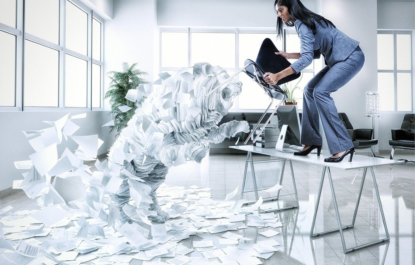Wallpaper girl, rendering, attack, fatigue, the situation, chair, office, paper, employee, Kip, Indigo Studios image for desktop, section ситуации