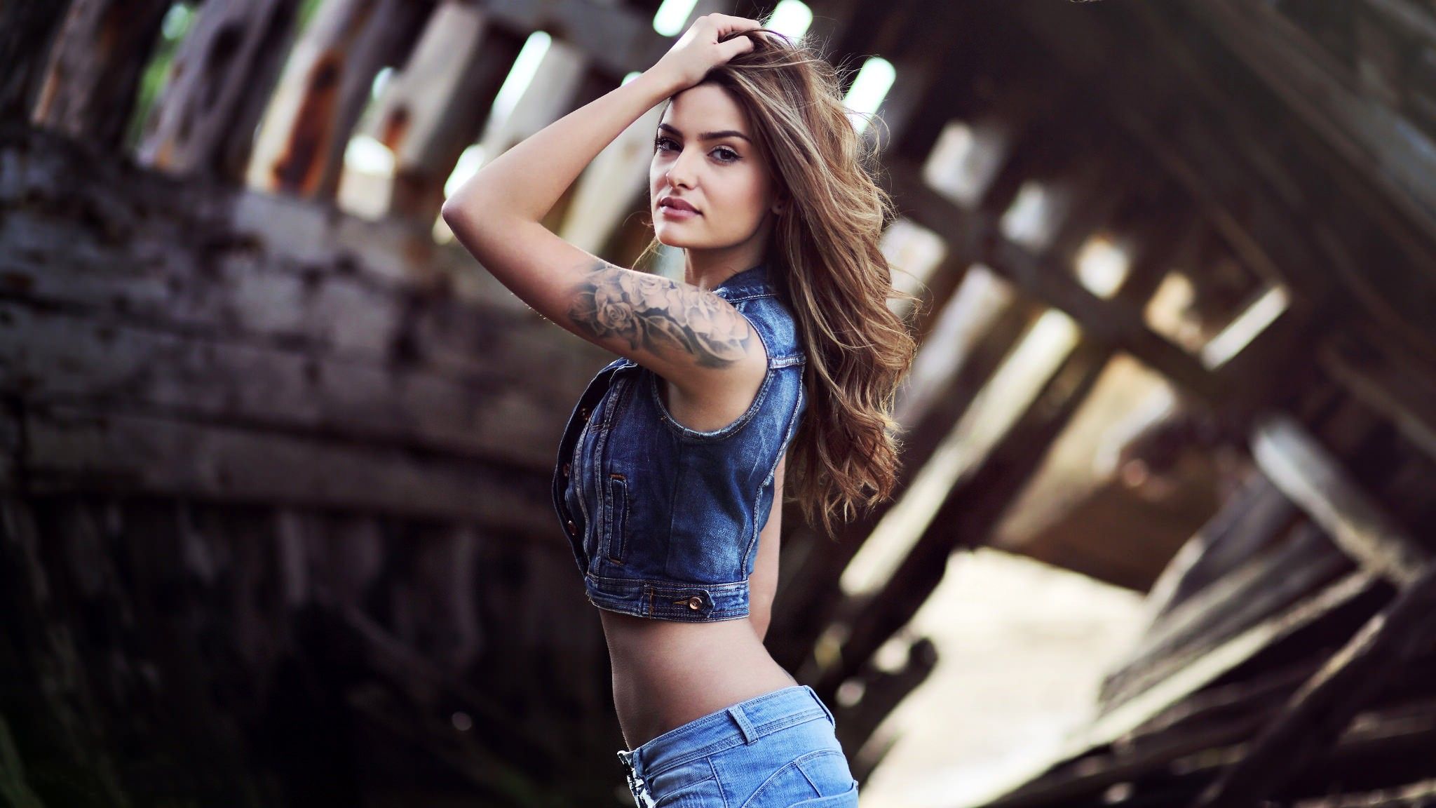 #women, #denim, #hands in hair, #portrait, #jeans, #tattoo, wallpaper. Mocah.org HD Wallpaper