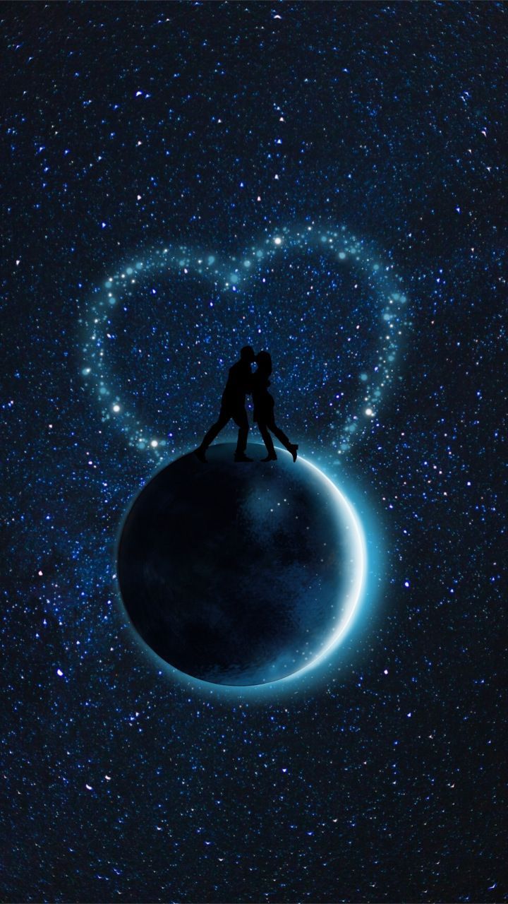 Starry sky, couple, silhouettes, love, planet, 720x1280 wallpaper. Galaxy painting, Moon art, Art wallpaper