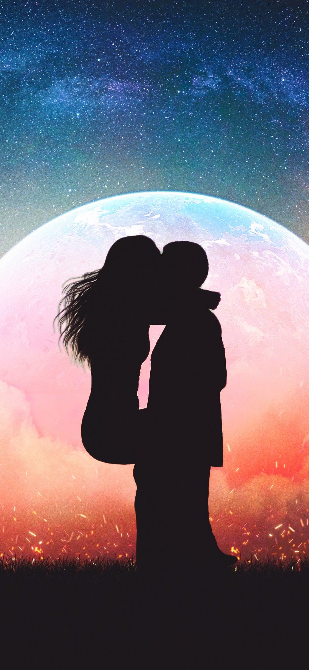 Couple 4K Wallpaper, Romantic kiss, Silhouette, Moon, Lovers, Sunset, Love