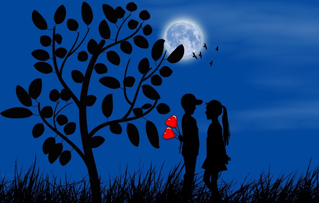 Wallpaper the moon, romance, boy, girl, hearts, silhouettes, date, first love image for desktop, section разное