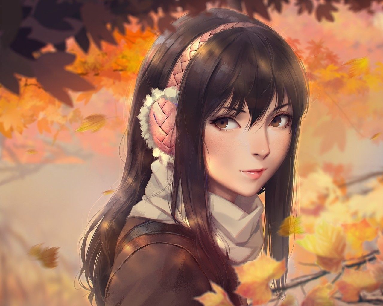 Download 1280x1024 Anime Girl, Headphones, Scarf, Brown Hair, Autumn Wallpaper