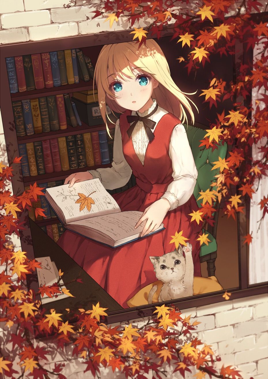 Anime Anime Girls Books Cats Window Leaves Fall Blonde Wallpaper:930x1314