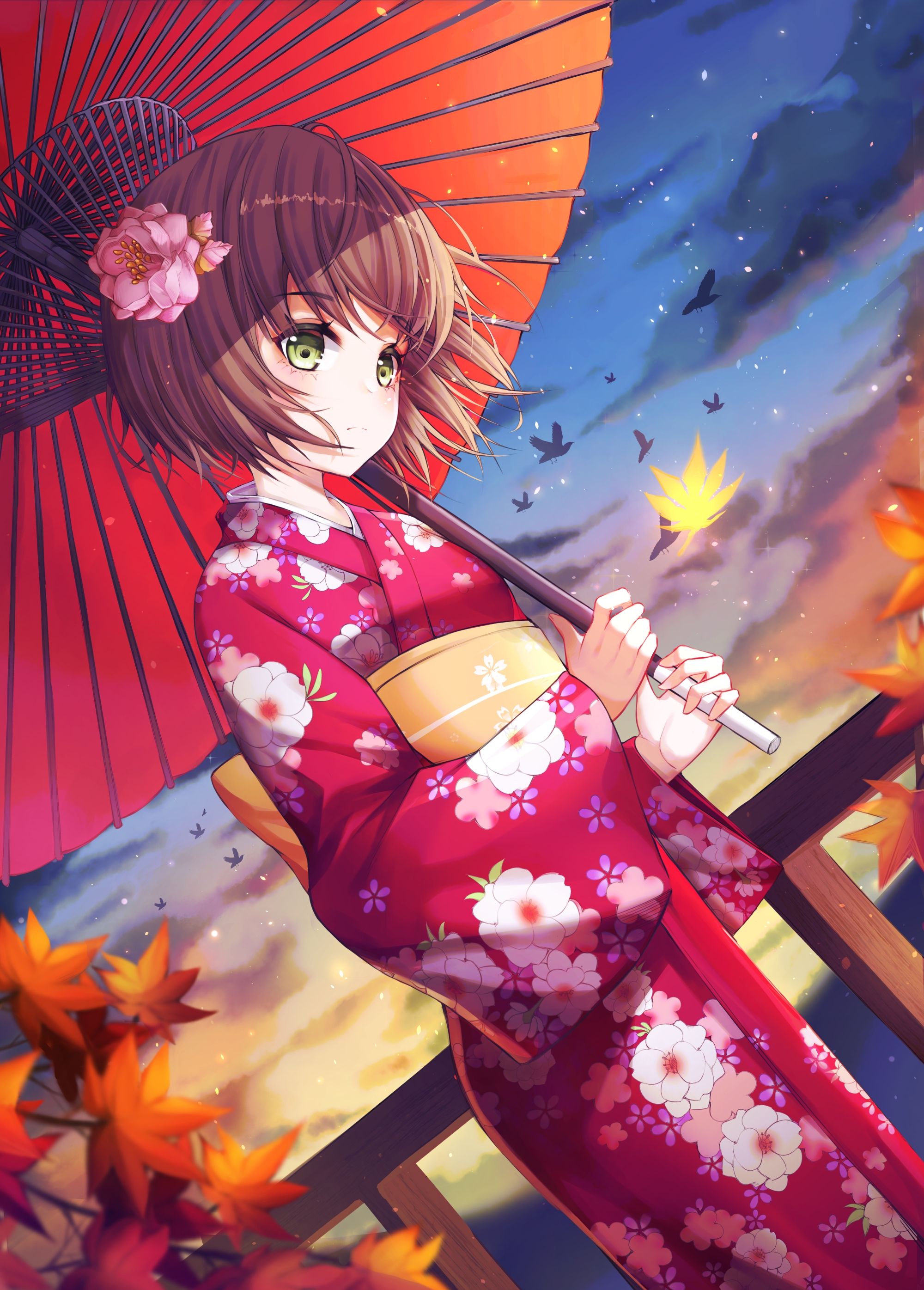 Download 2000x2791 Anime Girl, Scenic, Sunset, Kimono, Umbrella, Autumn Wallpaper