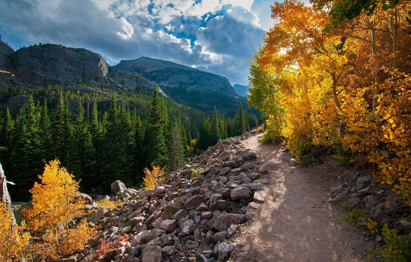 Wallpaper autumn, landscape, mountains, nature, track, USA, path, forest, national Park, National Park, Rocky Mountain, Rocky Mountain image for desktop, section пейзажи