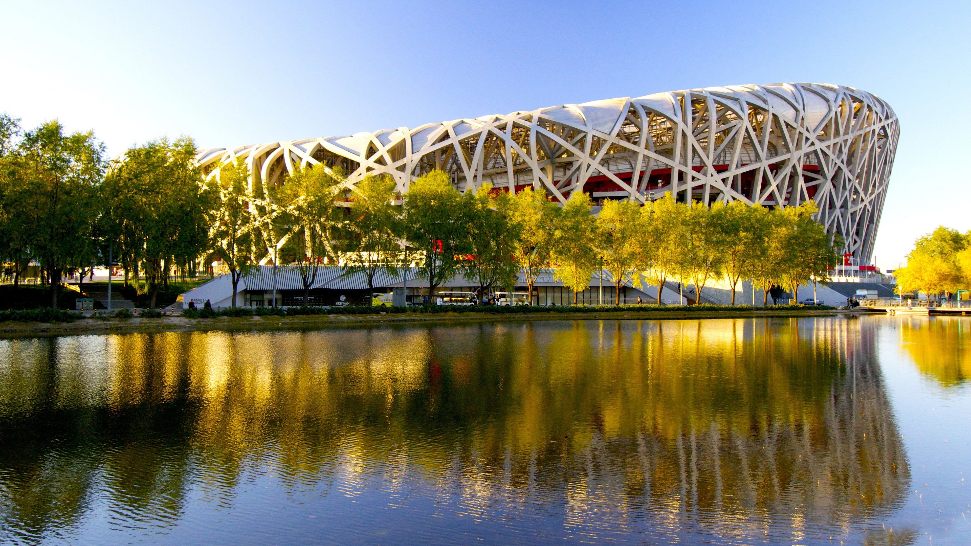the, Nest, Stadium, China, Afternoon, Sunny, Trees, Lake, Pond, Sky, Hdr, Ultrahd, Black, White, Hd, 4k, Wallpaper, 3840x2160 Wallpaper HD / Desktop and Mobile Background