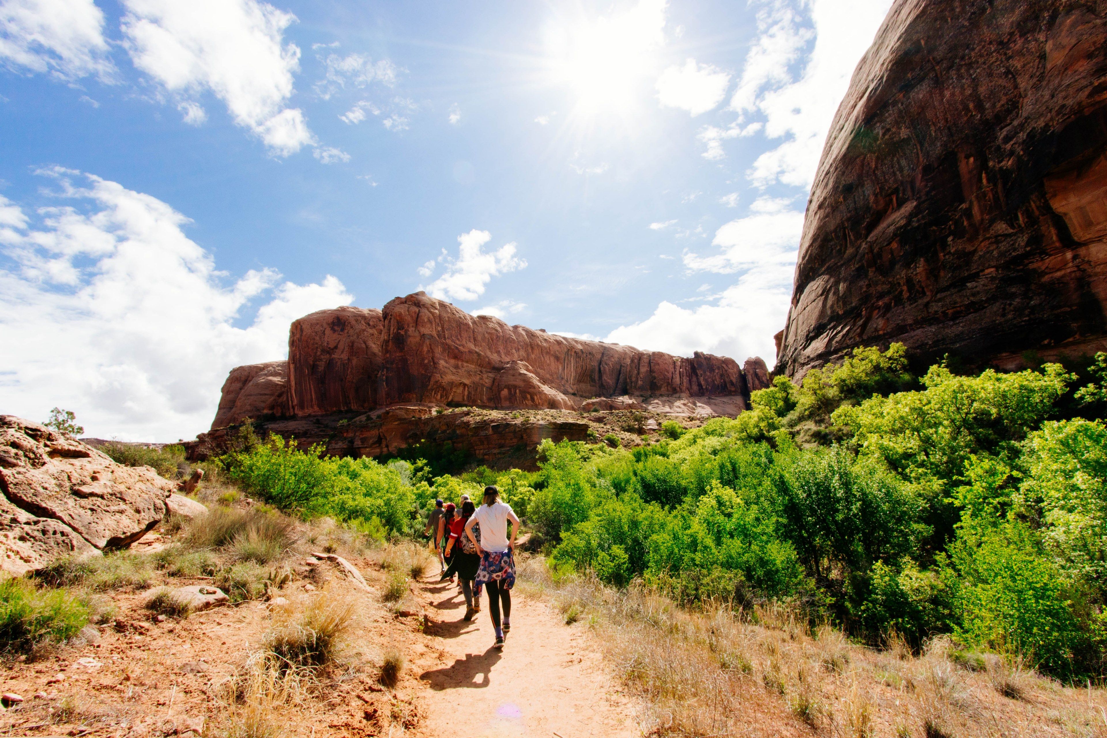 Wallpaper / hikers walk along a desert path toward a rocky mountain ridge, group adventures 4k wallpaper