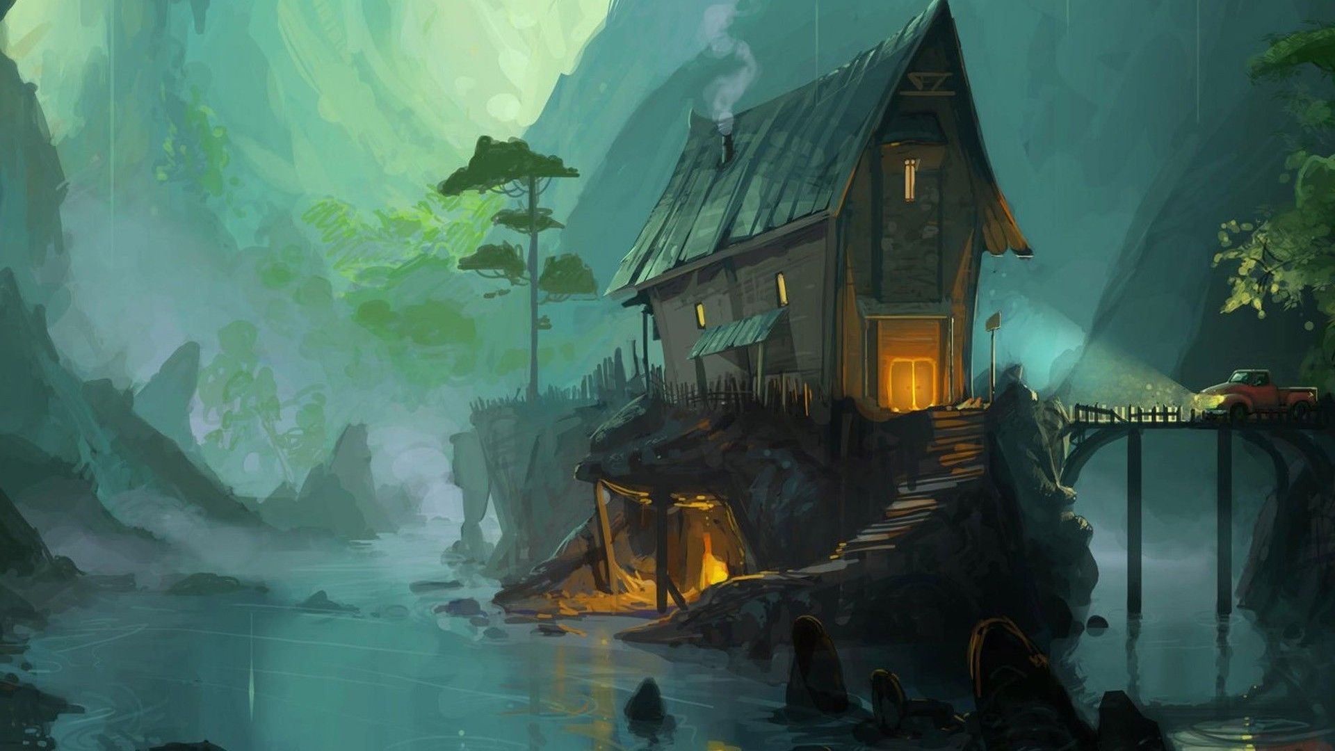 digital art, Fantasy art, Architecture, Building, House, Artwork, Painting, Nature, Mist, Mountains, Trees, Bridge, Car, Lights, River, Stairs Wallpaper HD / Desktop and Mobile Background