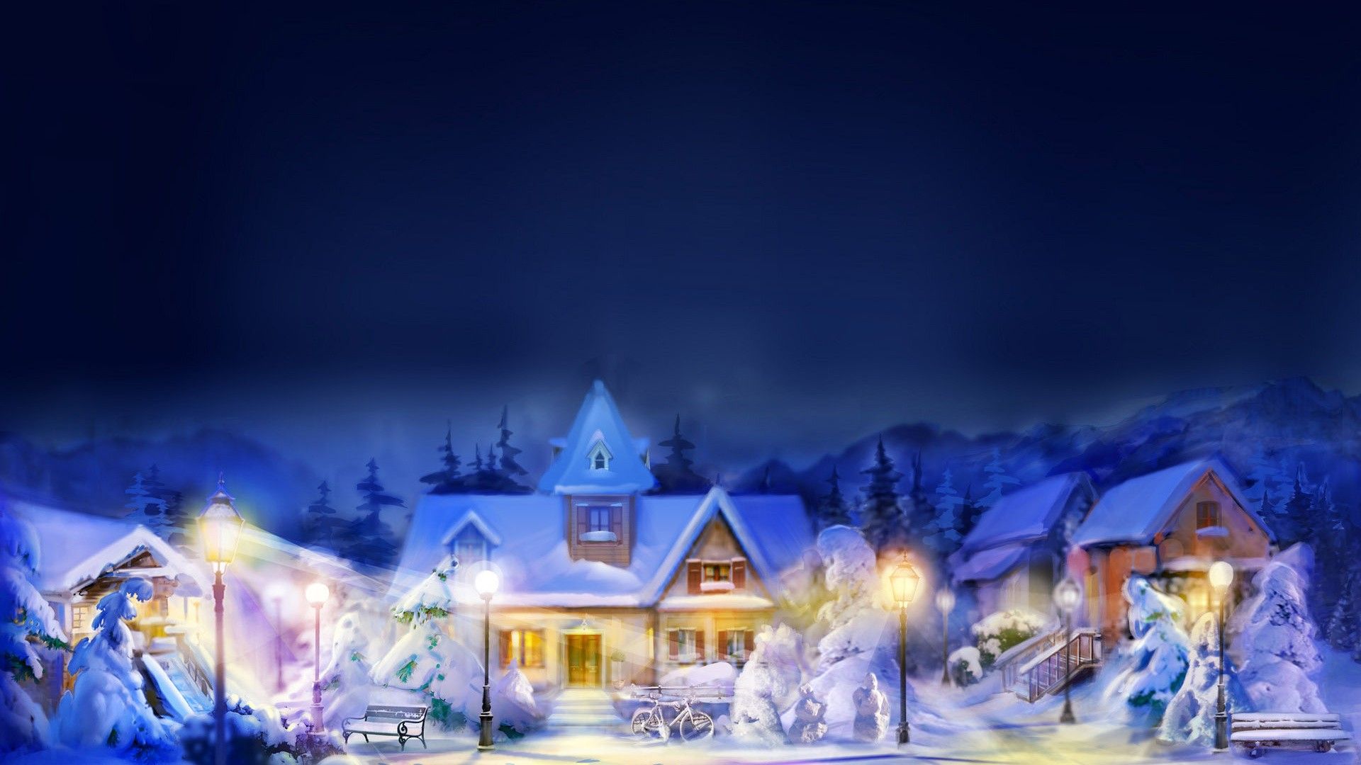 architecture, Building, Digital Art, Painting, Town, House, Snow, Winter, Lights, Blurred, Lamps, Christmas, Bench, Street, Trees, Mountain, Night Wallpaper HD / Desktop and Mobile Background