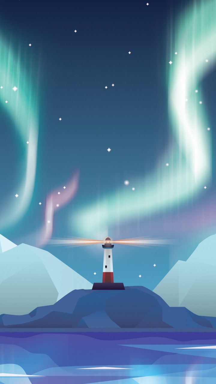 Nature, aurora, lighthouse, digital art, mountains, 720x1280 wallpaper. Night sky photography, iPhone wallpaper landscape, Earth illustration