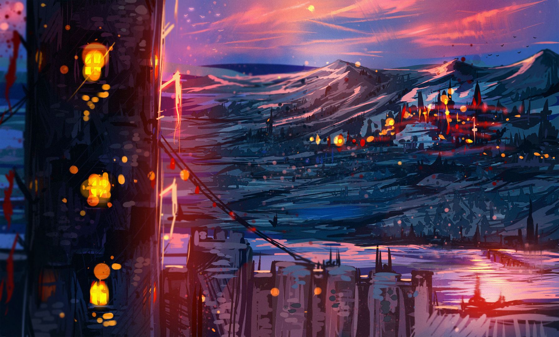 Ryky Painting Digital Art Cityscape Mountains Wallpaper:1792x1080