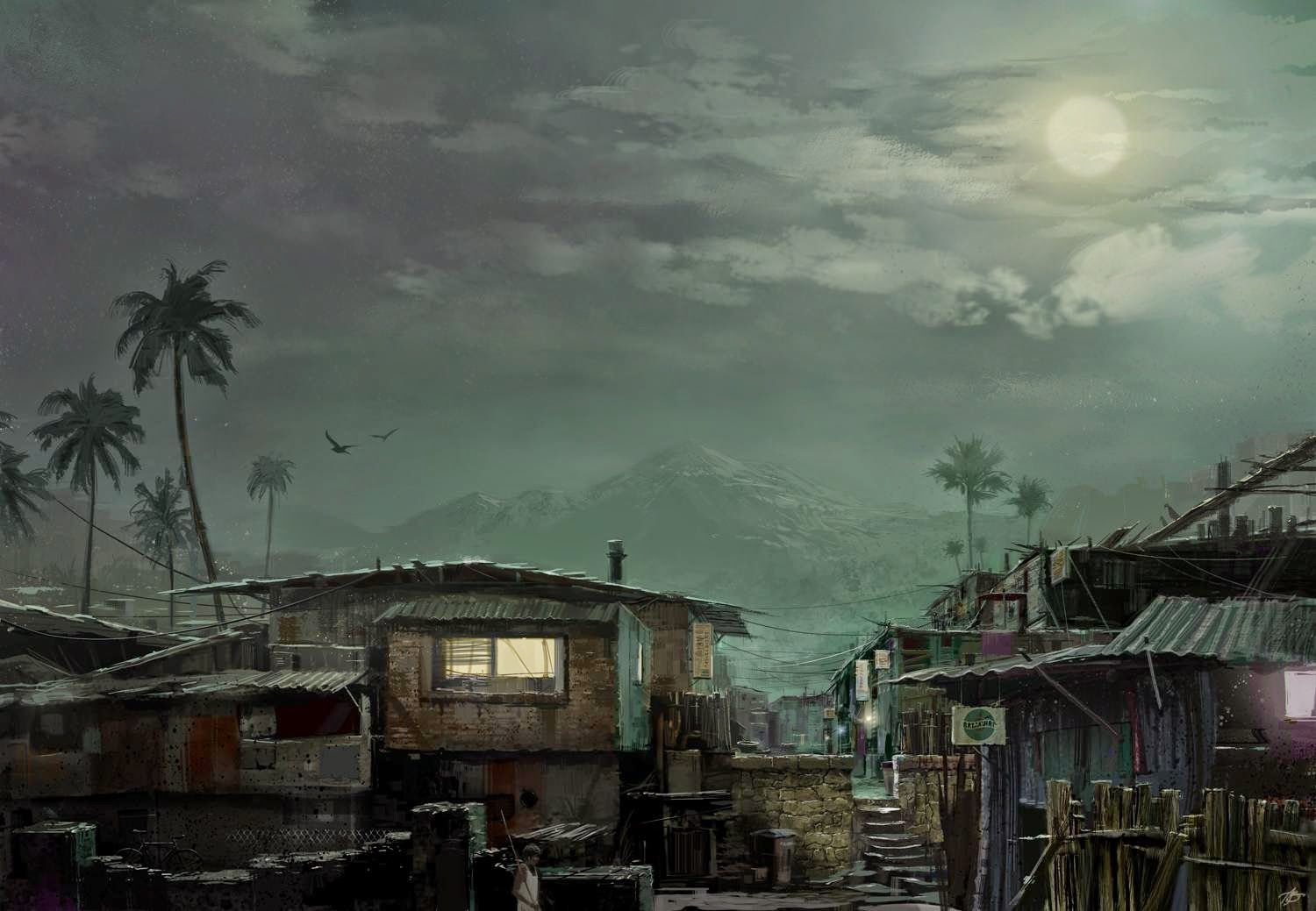 The Slums at Night [Wallpaper]. Moonlight painting, Digital painting, Slums