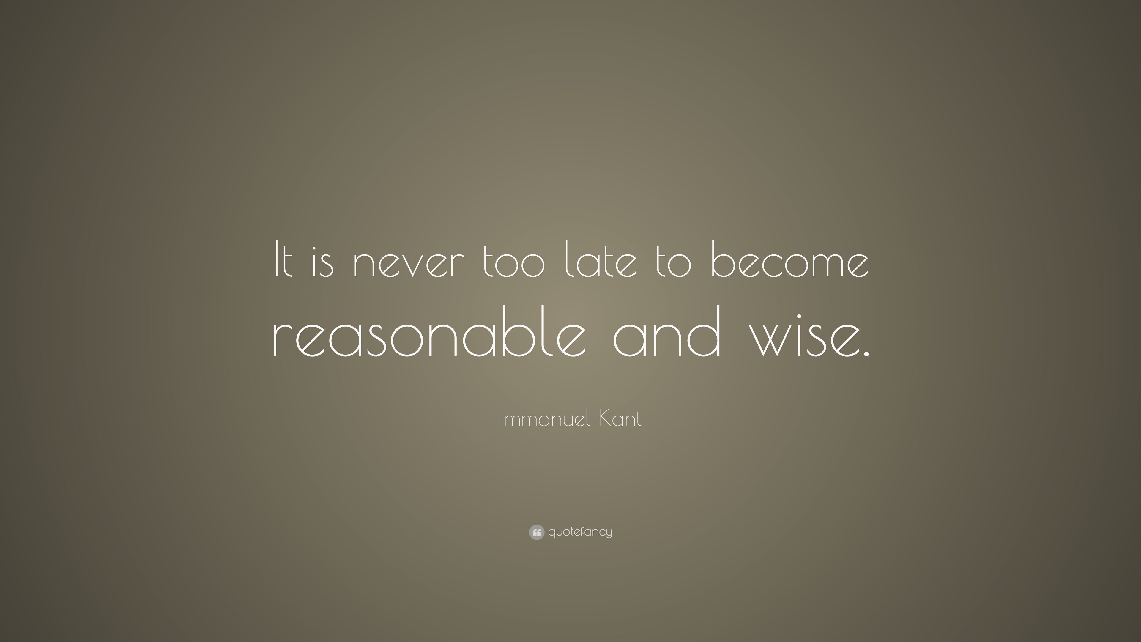 Immanuel Kant Quote: “It is never too late to become reasonable and wise.” (12 wallpaper)