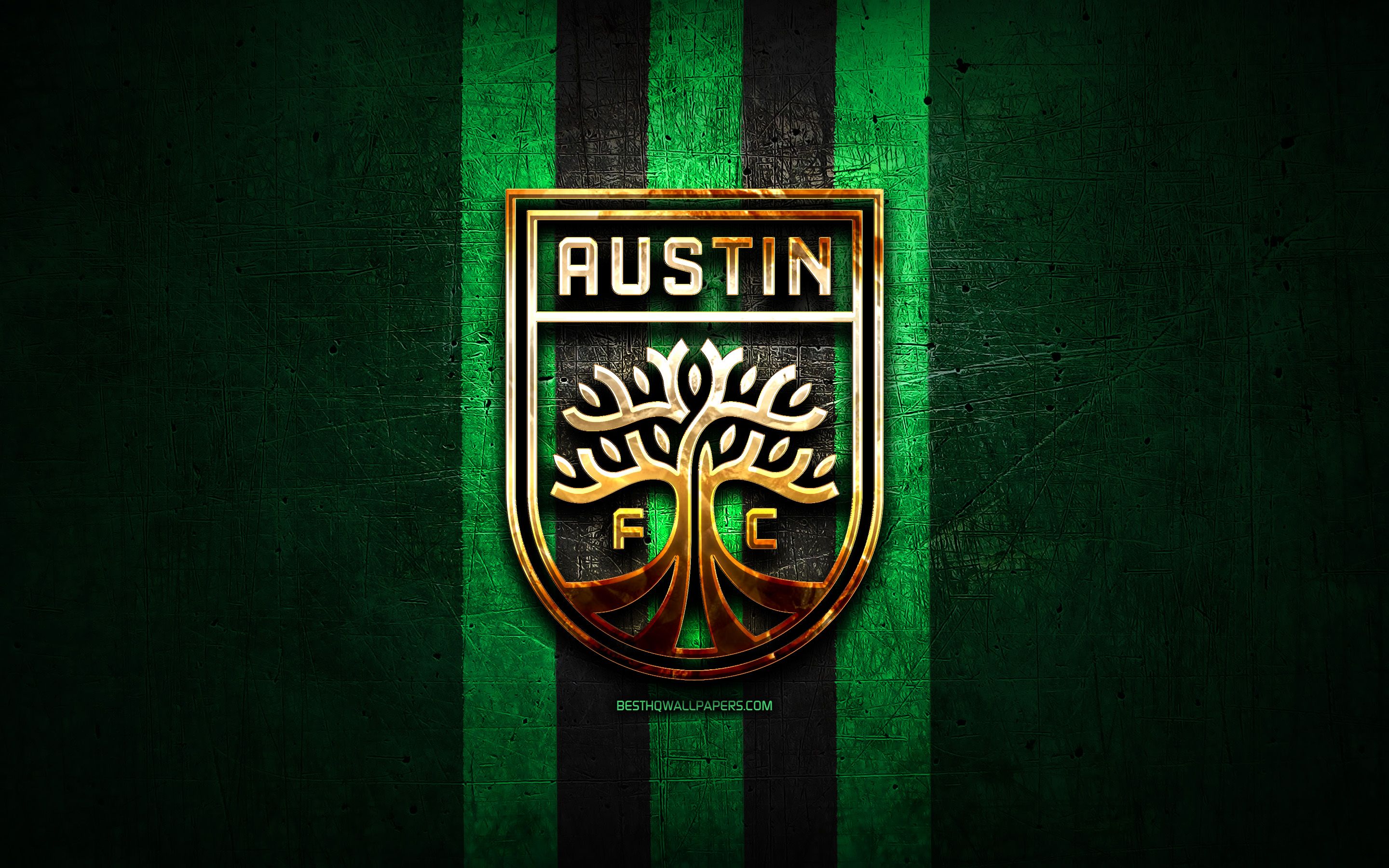 Download wallpaper Austin FC, golden logo, USL, green metal background, american soccer club, United Soccer League, Austin FC logo, soccer, USA for desktop with resolution 2880x1800. High Quality HD picture wallpaper