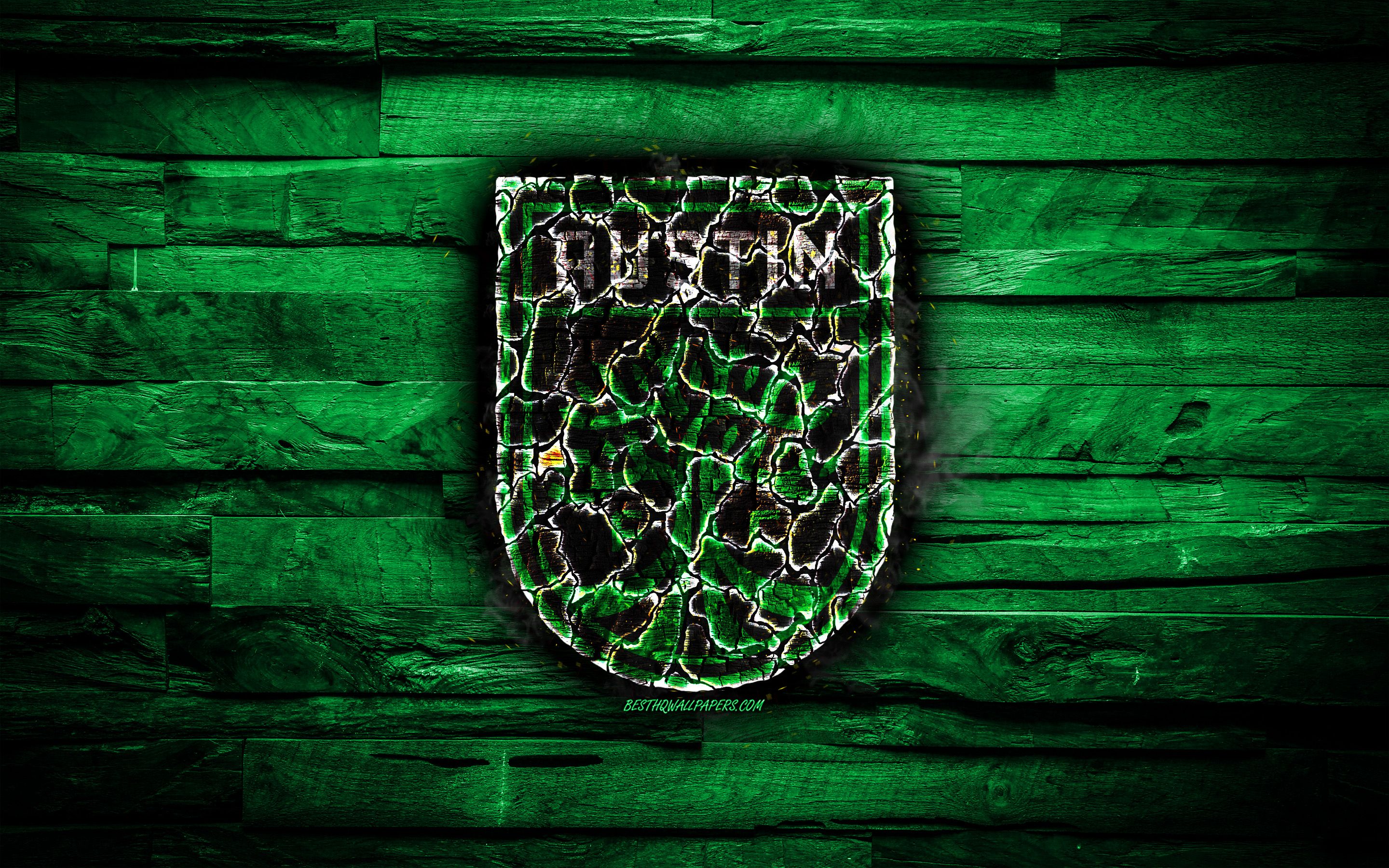 Download wallpaper Austin FC, burning logo, MLS, green wooden background, american football club, FC Austin, grunge, football, soccer, Austin logo, Austin, USA for desktop with resolution 2880x1800. High Quality HD picture wallpaper