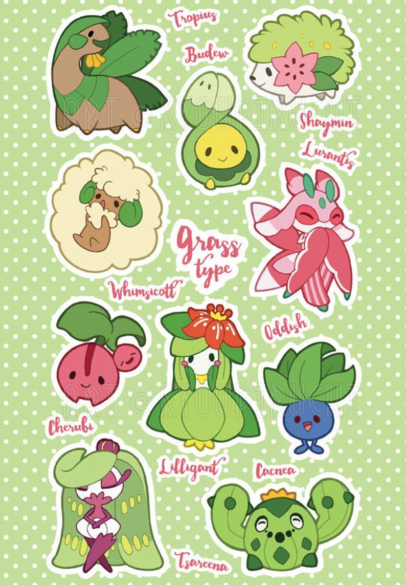 Grass Type Pokemon Sticker Sheet Pokemon Type Series. Grass type pokemon, Pokemon stickers, Grass pokémon